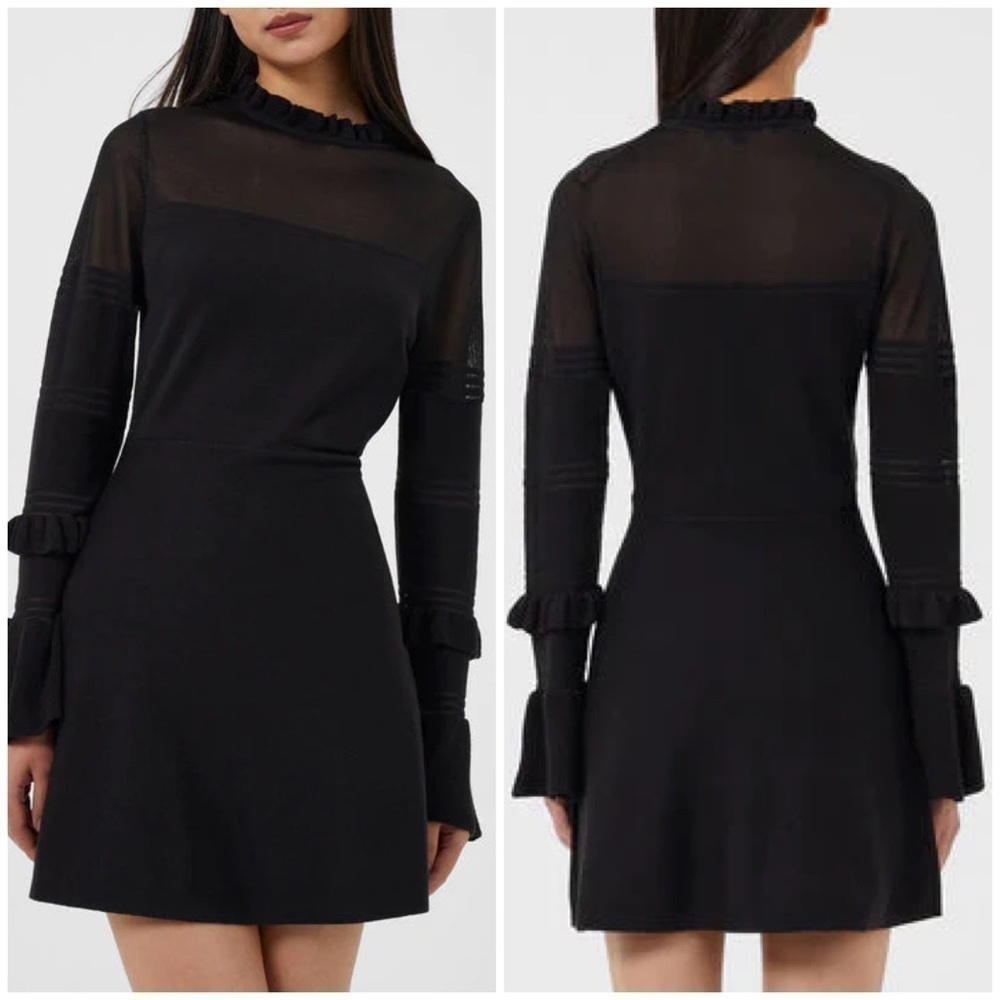 New French Connection Lindsey Mesh Frill Dress Long Sleeve Knit Fit Flare Sz XS